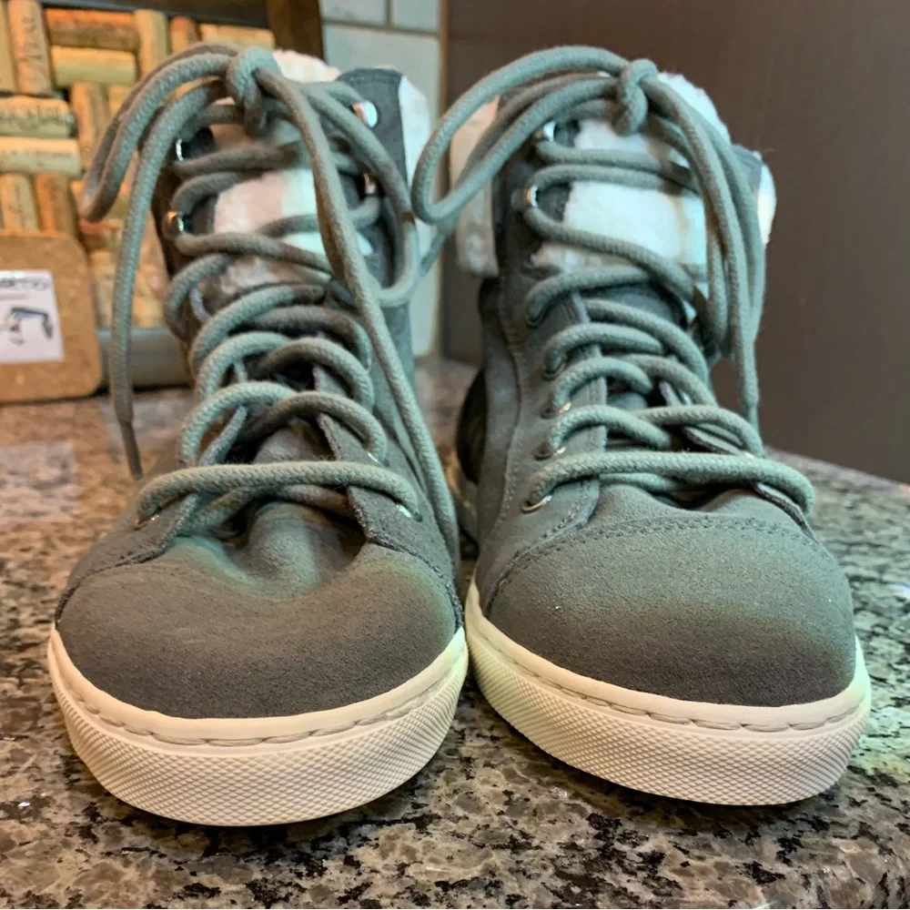 Splendid Gray Leather Suede High Top Sneakers With Faux Fur Trim Size 10